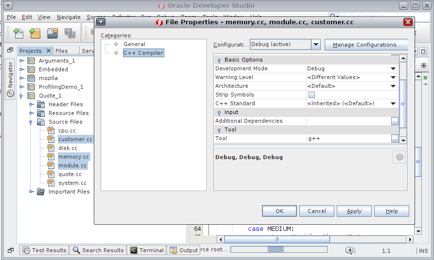 image:Multiple files are selected in the IDE and the properties of the selected files can        be edited in the File Properties window.
